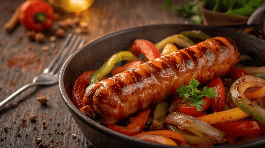 Hot link sausages sizzling in a cast-iron skillet with peppers and onions
